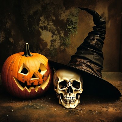 Jack-o'-lantern with skull and witch hat