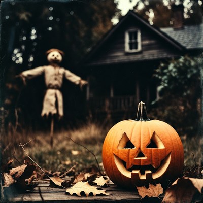 Jack-o'-lantern with Scarecrow and Haunted House