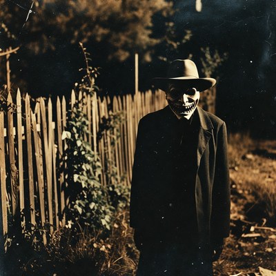 Man in skull mask by wooden fence