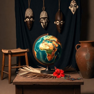 Globe with African Masks and Hibiscus
