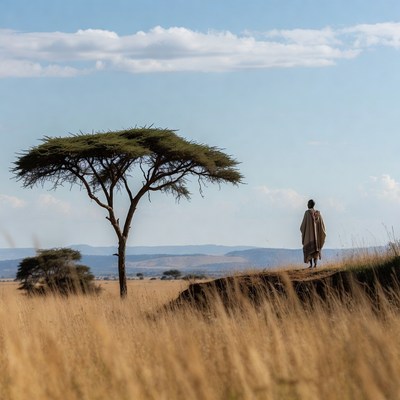 Man standing by acacia tree savanna