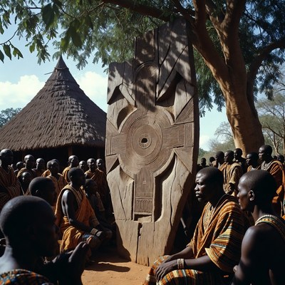 African men gathered around wooden mask