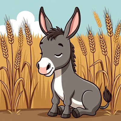 Cute cartoon donkey in wheat field