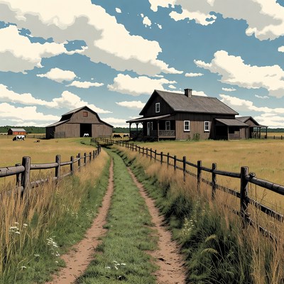 Farmhouse and Barn in Grassy Field