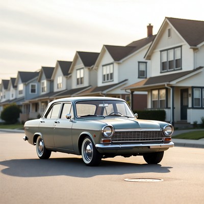 Vintage Gray Sedan Parked on Suburban Street