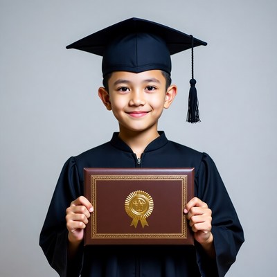 Asian boy holding graduation diploma