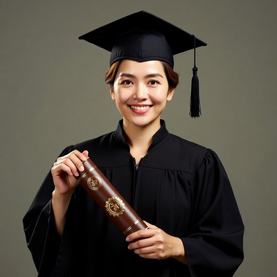 Asian woman holding graduation diploma