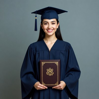 Woman in graduation gown holding diploma