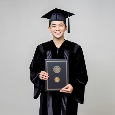 Asian graduate boy holding diploma