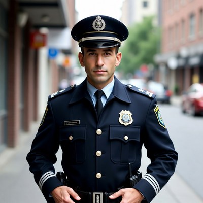 Policeman standing on urban street