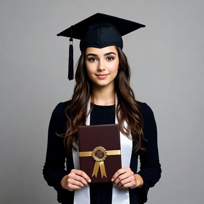 Young woman in graduation gown holding diploma
