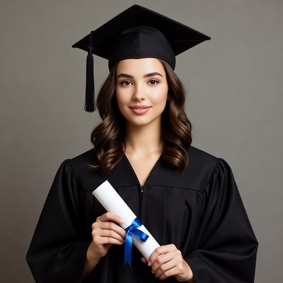 Woman in graduation gown holding diploma