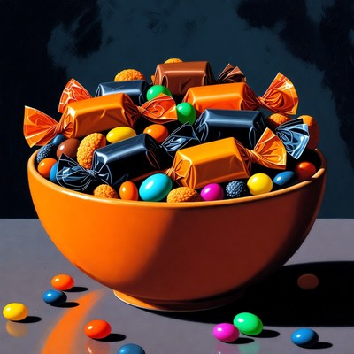 Colorful candies in orange bowl