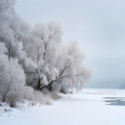 Snow-Covered Trees by Frozen Lake