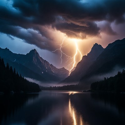 Lightning Storm Over Mountain Lake