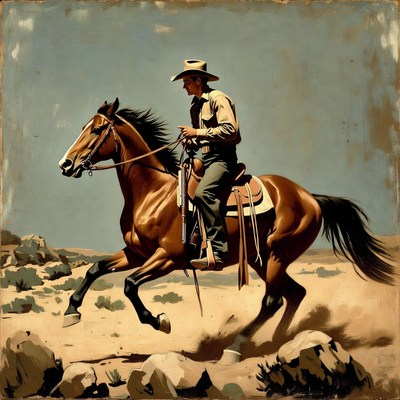 Cowboy riding horse in desert