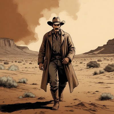 Cowboy walking in desert landscape