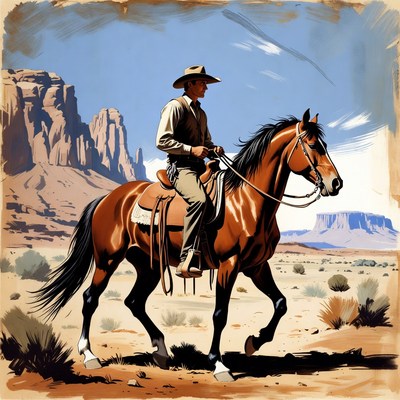 Cowboy riding horse in desert