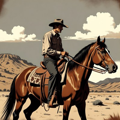 Cowboy riding horse in desert
