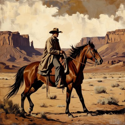 Cowboy riding horse in desert