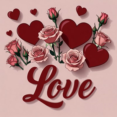 Love Text with Hearts and Roses