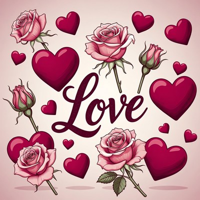 Love Text with Pink Roses and Hearts