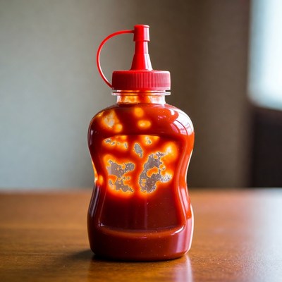 Red Ketchup Bottle on Table