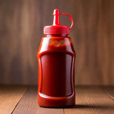 Red Ketchup Bottle on Wood