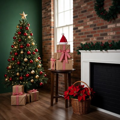 Christmas Tree with Gifts and Poinsettia