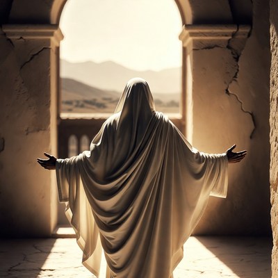Man in white robe with arms outstretched