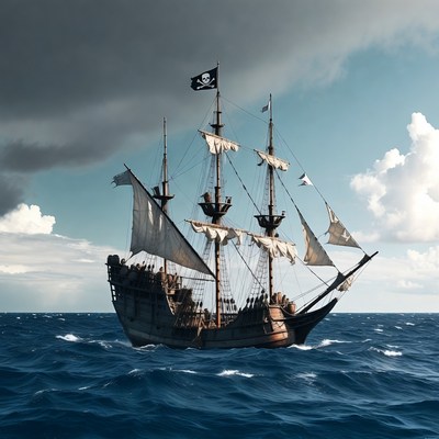Pirate Ship Sailing on Ocean