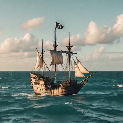 Pirate Ship Sailing on Ocean