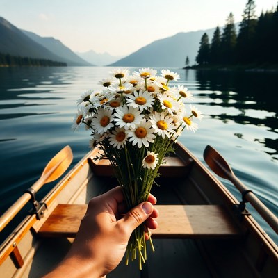 Hand holding daisies in canoe on lake