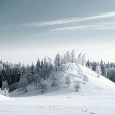 Snowy Hill with Frosted Pine Trees