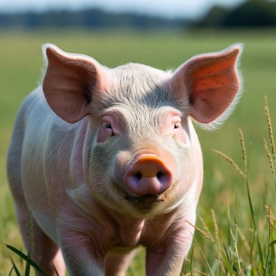Cute pink piglet in green field