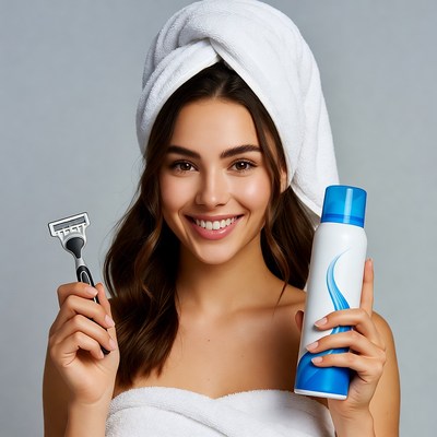 Smiling woman holding razor and shaving cream