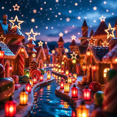 Gingerbread Village with Starry Night Sky
