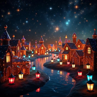 Gingerbread Village Under Starry Sky
