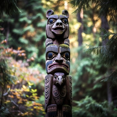 Totem Pole in Forest with Bear Eagle