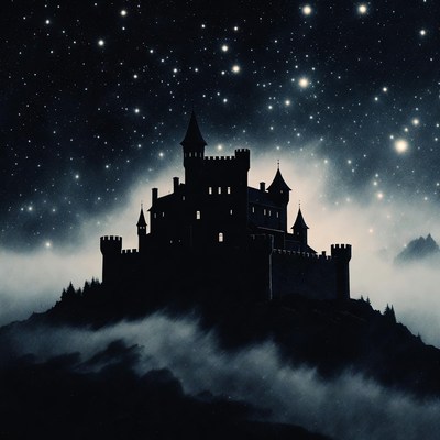 Silhouette Castle on Mountain in Starry Night