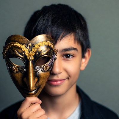 Boy holding ornate gold mask