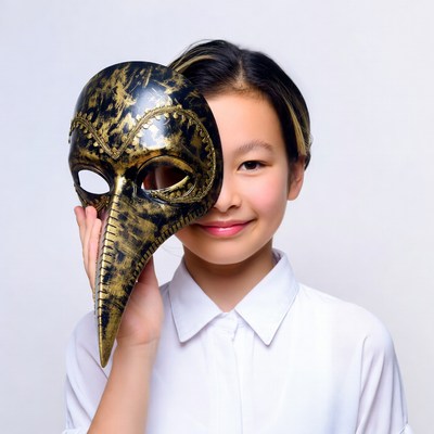 Asian girl holding gold beak mask