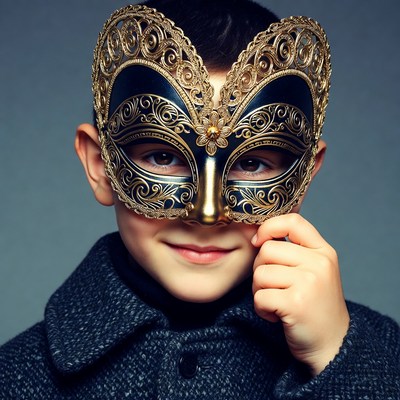 Boy wearing ornate gold mask