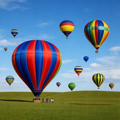 Colorful Hot Air Balloons Over Green Hills