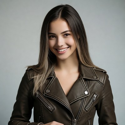 Smiling woman in leather jacket