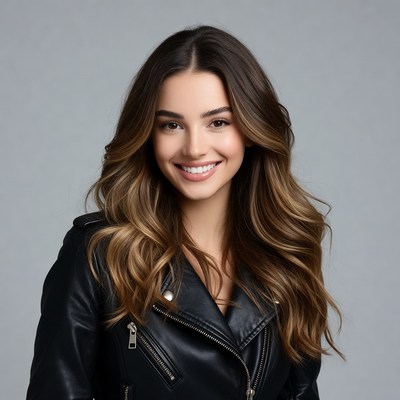 Smiling woman in leather jacket