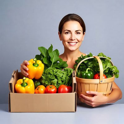 Woman holding basket of fresh vegetables