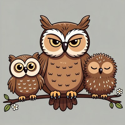 Owl Family on Branch Illustration