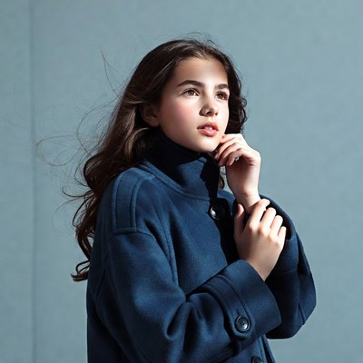Teen girl in blue coat looking up