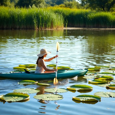 Woman kayaking through water lilies